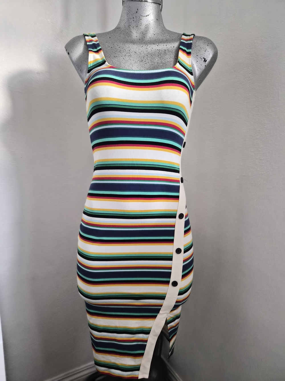 Striped Bodycon Dress with Side Button Detail